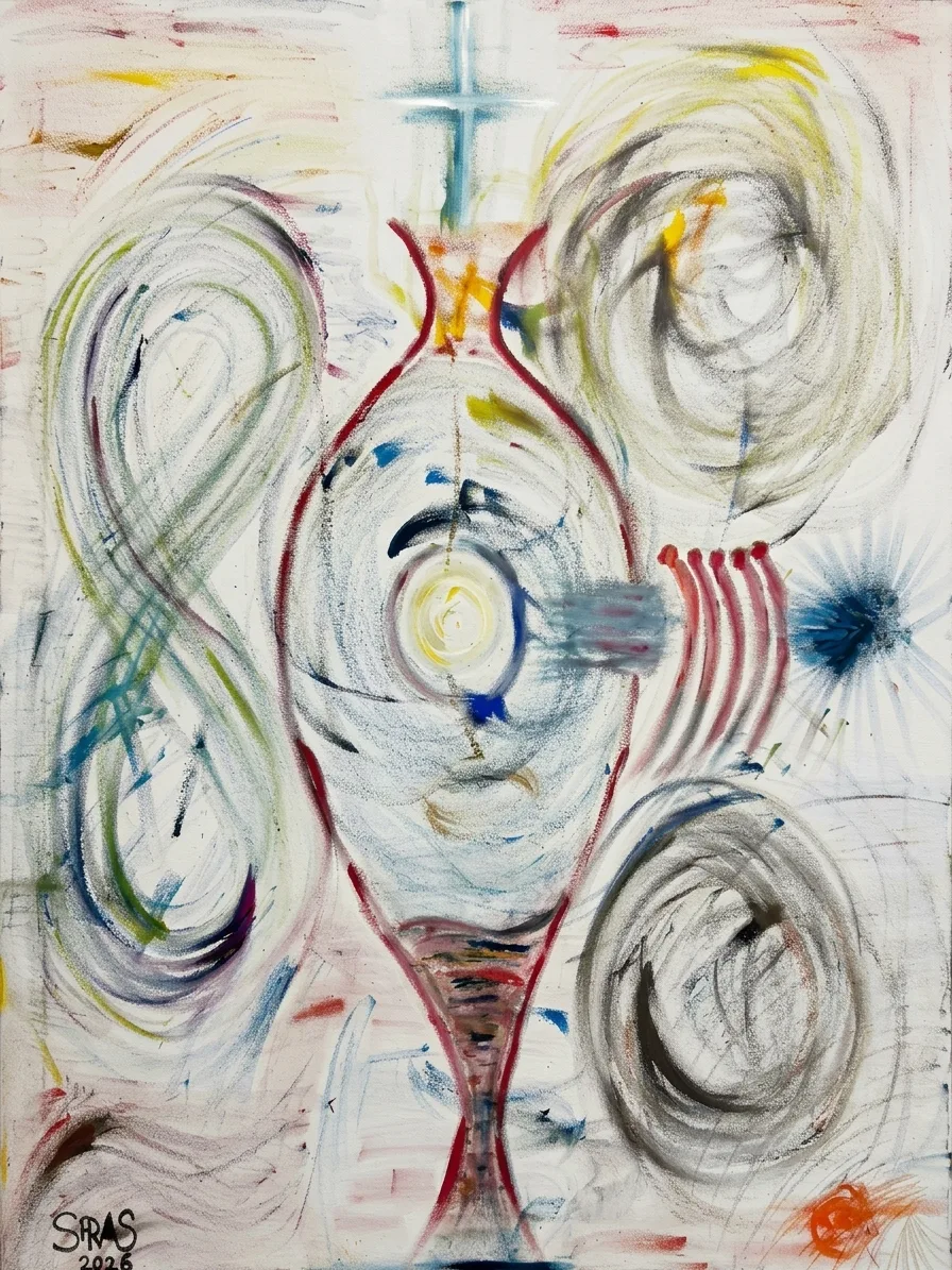 Mermaids in Heaven, a painting by Simon Atkins of five mermaids in colorful strokes crossing toward a glowing egg